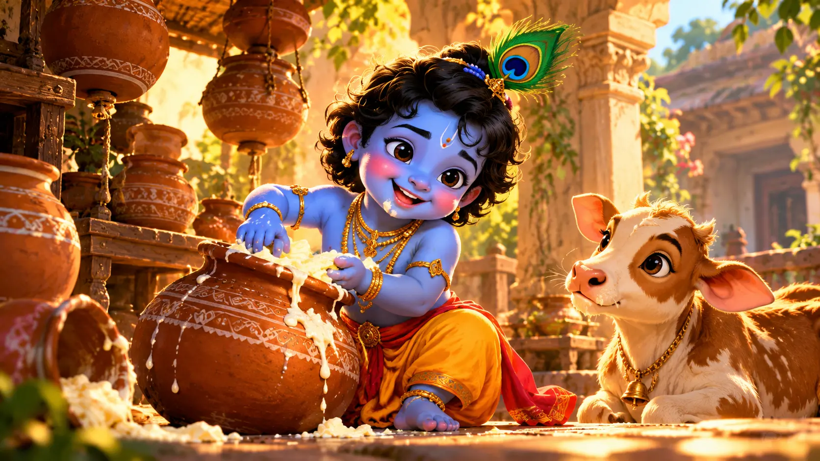 Young Krishna delightedly scooping butter from a clay pot as a calf watches