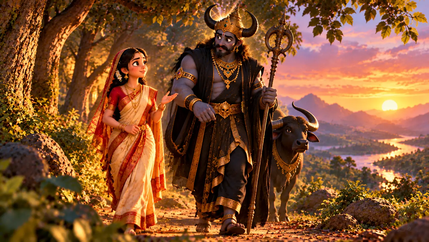 Savitri walks beside Yama and his buffalo along a forest path at sunset