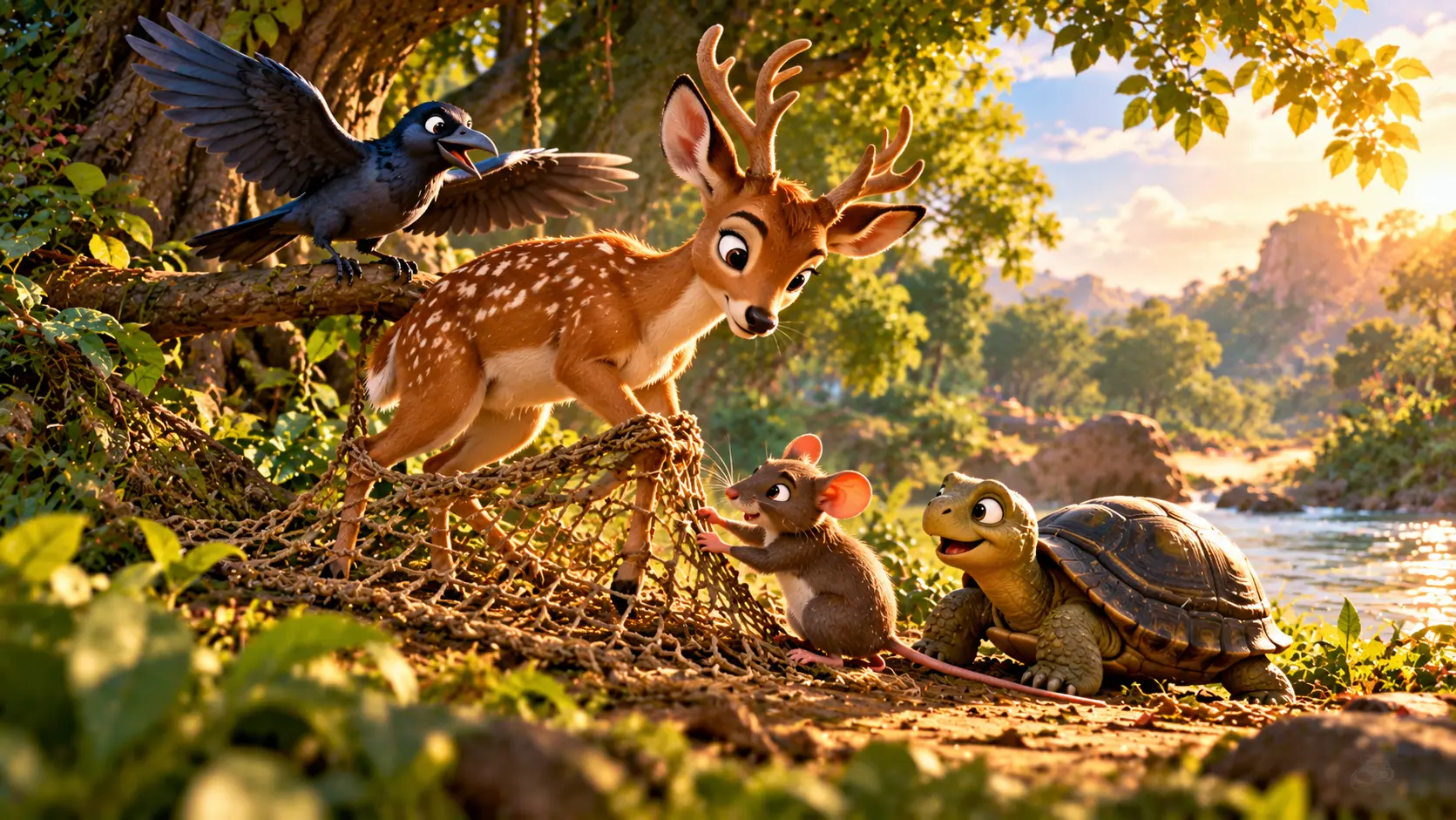 A crow, deer, mouse and tortoise work together to free the deer from a net