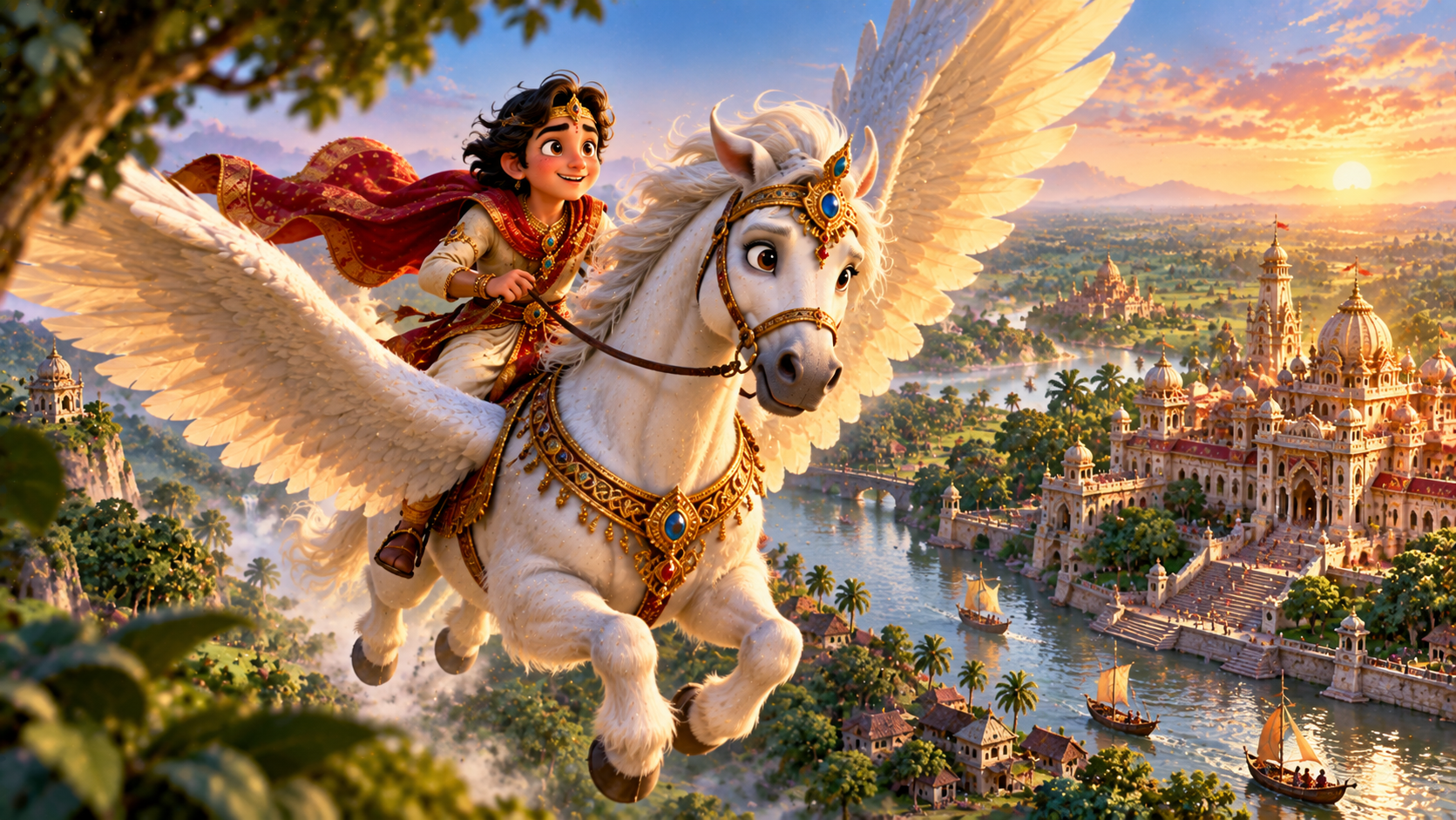Dalim Kumar rides the winged horse Pakkhiraj over a riverside kingdom