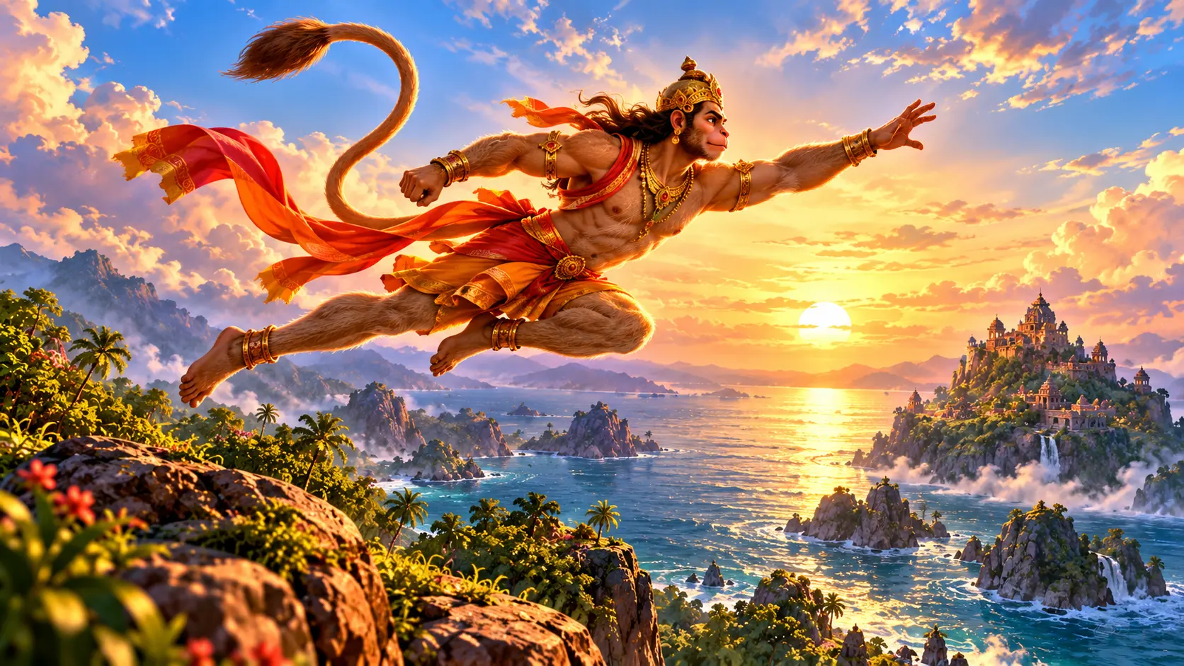 Hanuman leaping across the ocean towards a distant island city