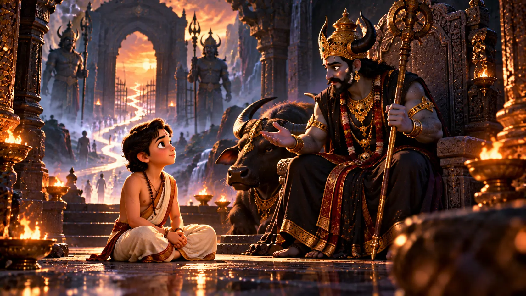Young Nachiketa sits before Yama, listening closely