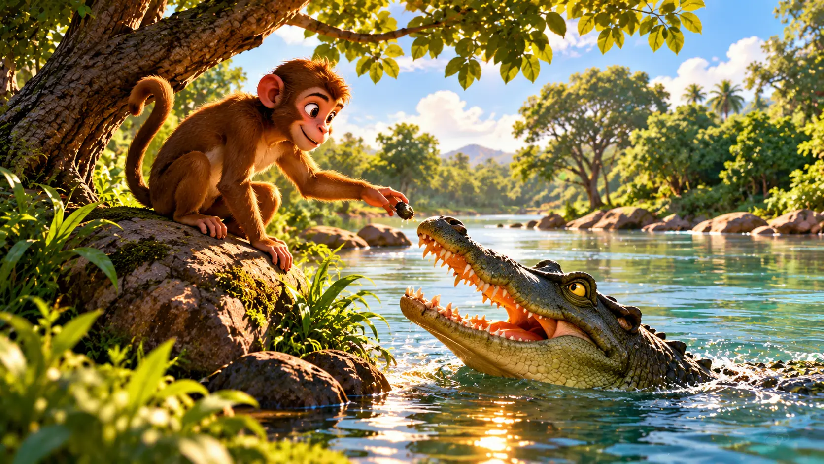 A monkey on a riverbank offers fruit to a crocodile in the water