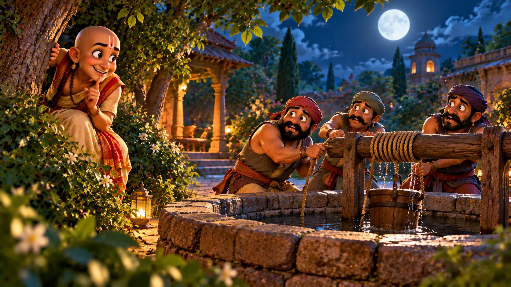 Tenali Raman hides smiling as thieves haul water from a moonlit garden well