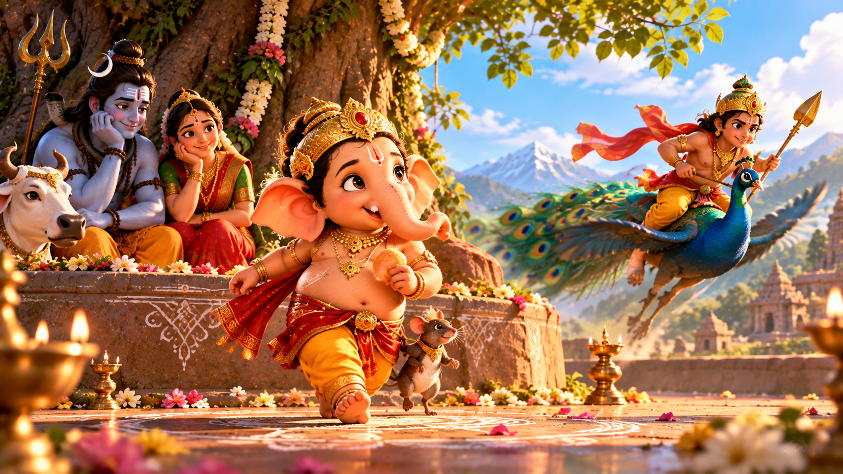 Young Ganesha walks with his mouse as Kartikeya flies off on his peacock, watched by Shiva and Parvati