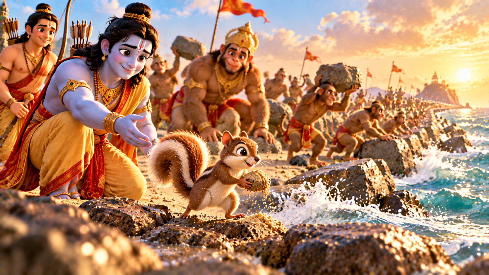 A little squirrel carries sand as Rama watches and the bridge to Lanka rises