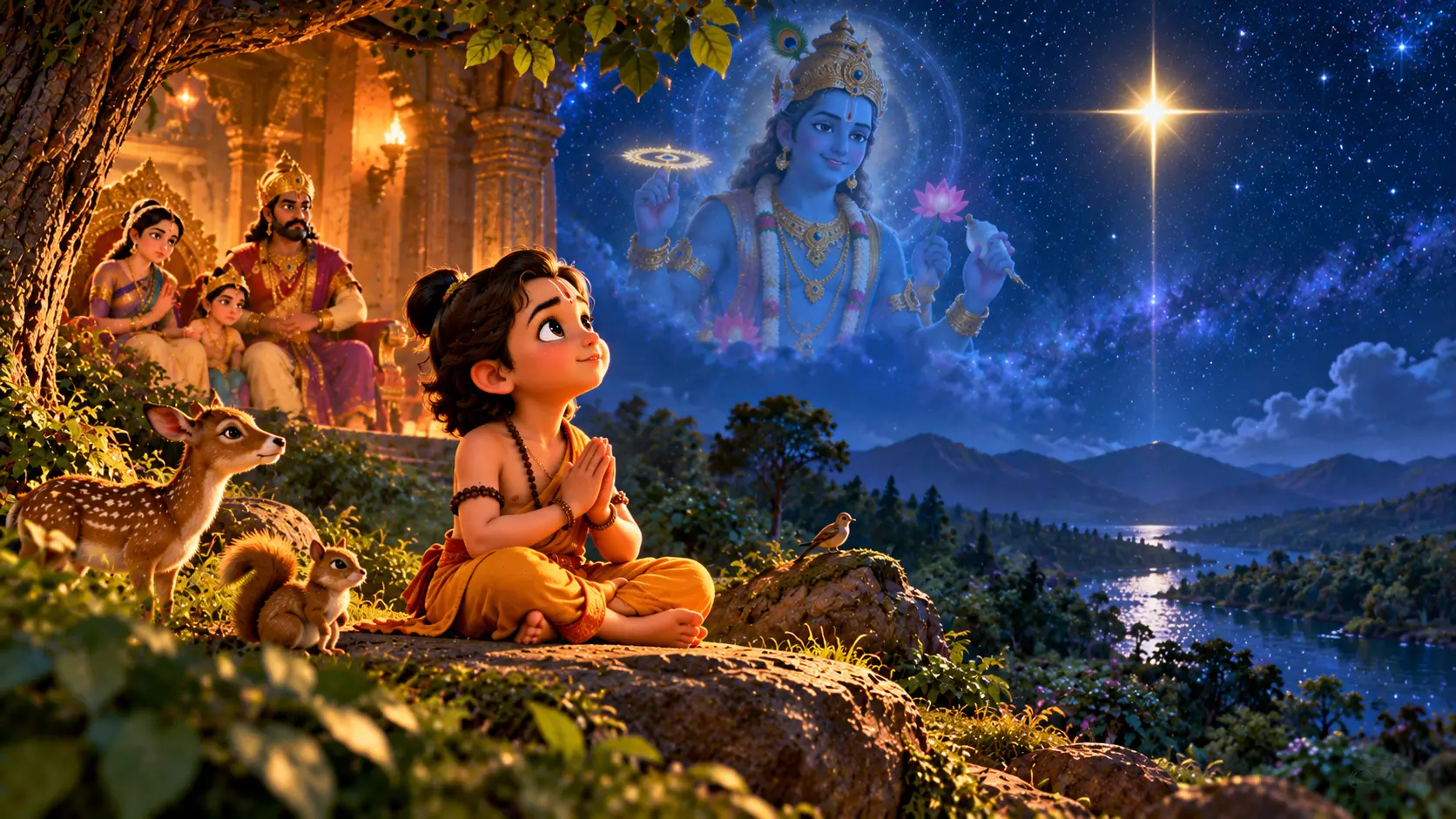 Young Dhruva sits in quiet devotion beneath a night sky with a bright, steady star